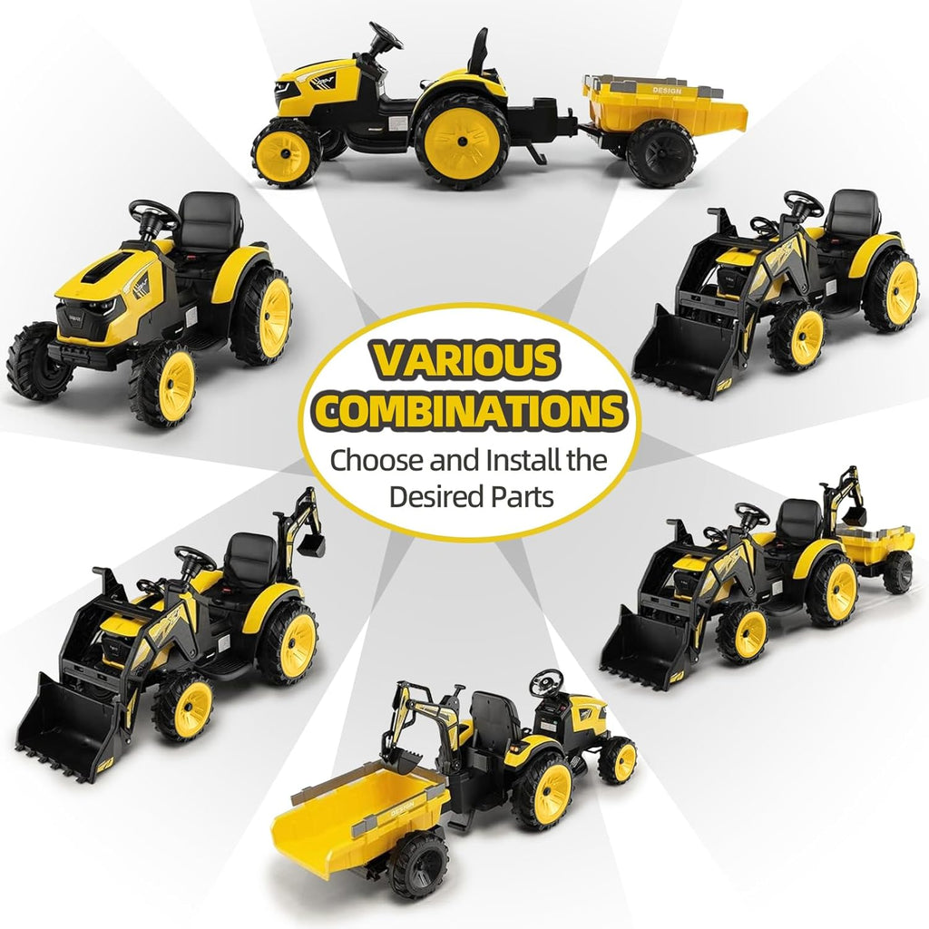 3 in 1 Kids 24V Ride On Tractor, Excavator & Bulldozer, Electric Vehicle w/Trailer, Digger, Shovel Bucket, Remote
