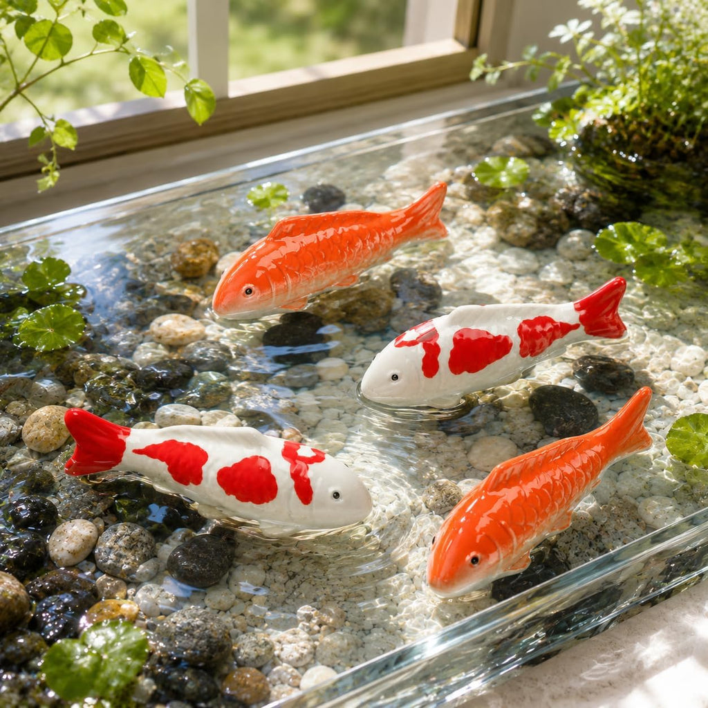 4pcs Koi Fish Decor Floating Ceramic: Aquarium Ornaments Figurines for Tank Bowl Pond Desktop Water Feature Garden