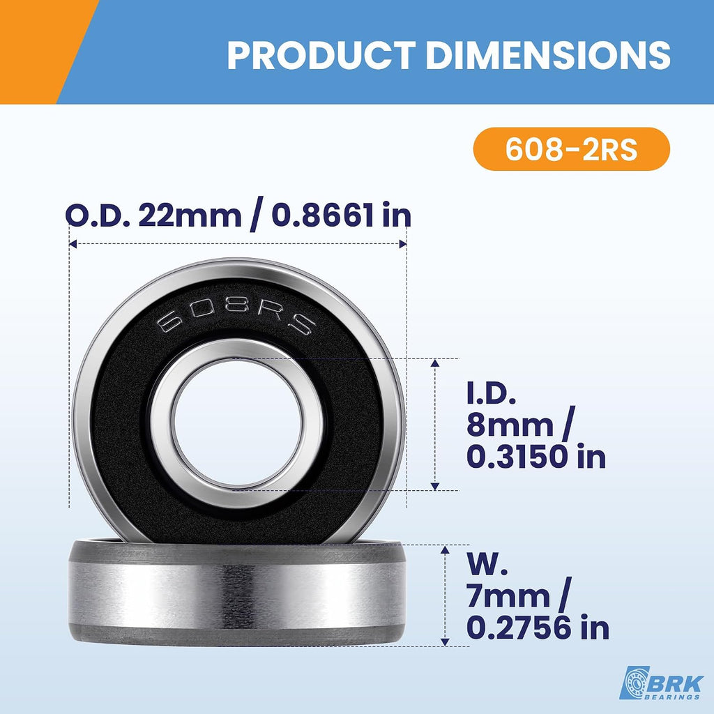 BRK (10 Pack) 608-2RS Miniature Ball Bearing 8x22x7mm, ABEC-3, Chrome Steel