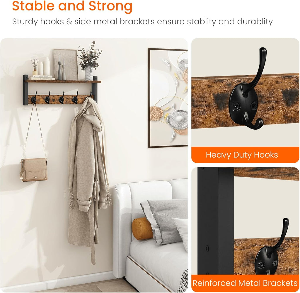 Wall Hooks with Shelf, Wood Coat Rack with Shelf Wall-Mounted, Entryway Hanging Shelves with 5 Metal Hooks for