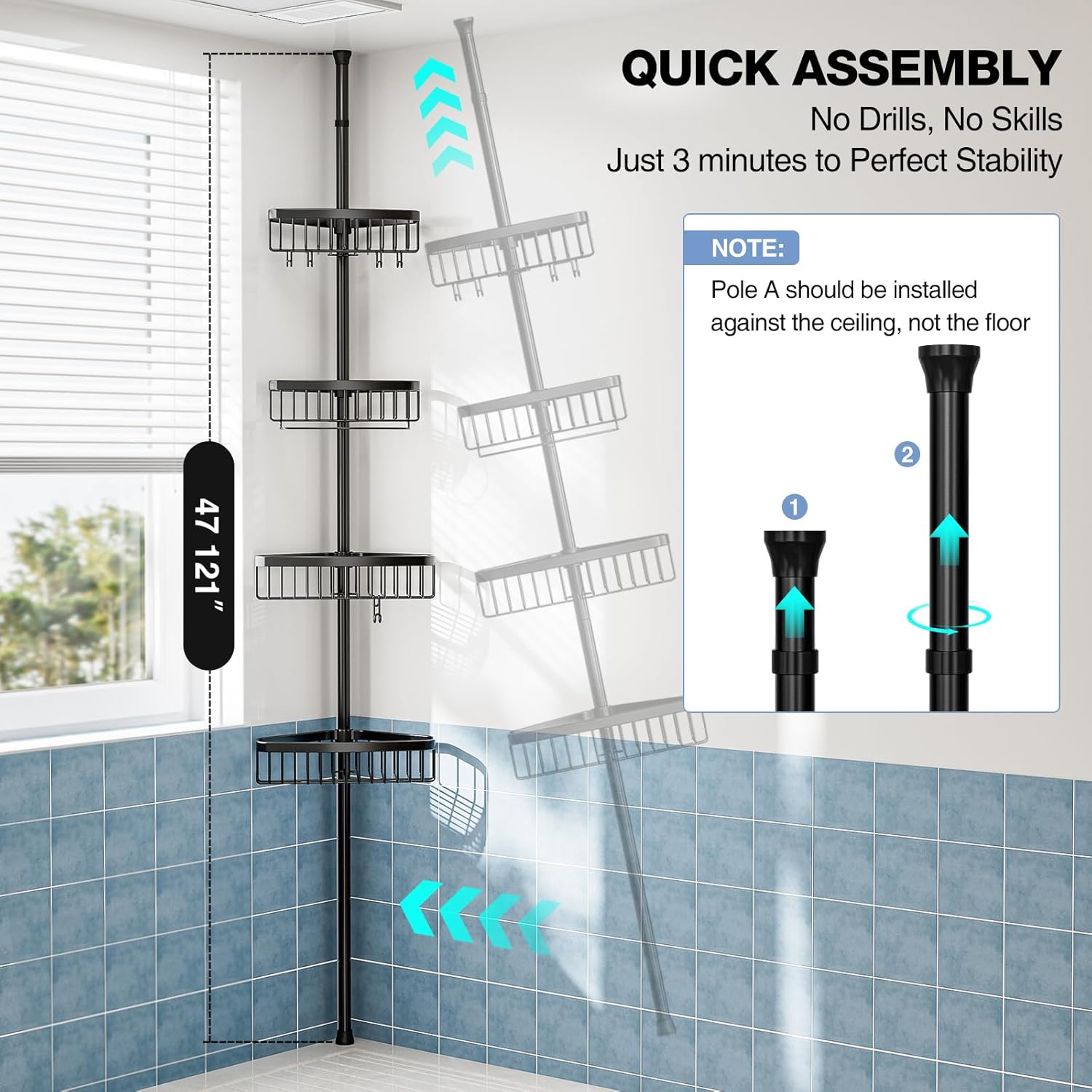 Corner Shower Caddy Tension Pole: Adjustable Rustproof 4-Tier Inside Bathroom Organizer - 47-121 inch Quick