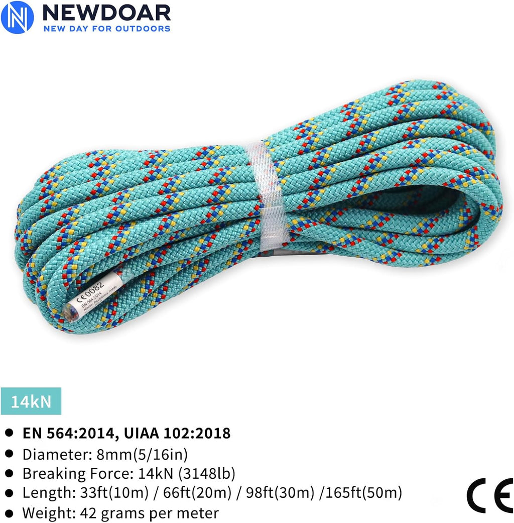 CE & UIAA Certificated 5/16(8mm) Static Climbing Rope 14KN High Strength Accessory Cords 33FT/66FT/98FT/165FT Safety