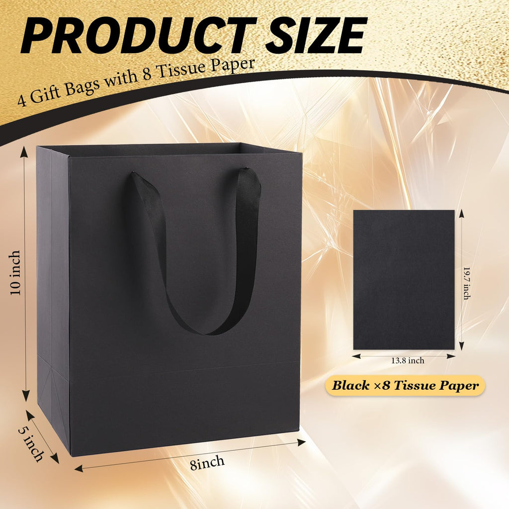4 Pack Black Gift Bags with Handles & 8 Tissue Papers