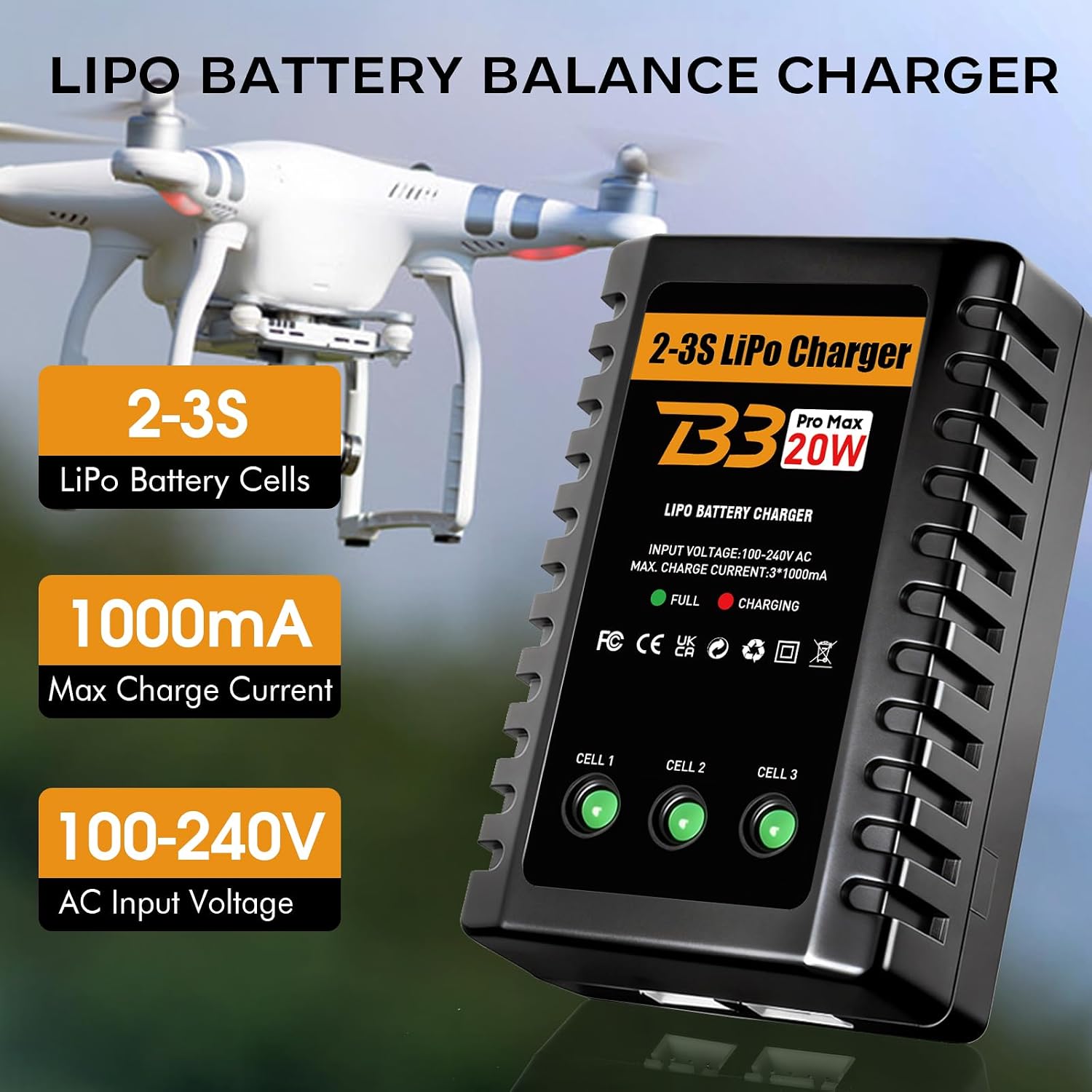 LiPo Charger for 2S-3S(7.4-11.1V) LiPo Battery of RC Toy & Model(Yellow) | LiPo Balance Charger Compact and Light, RC
