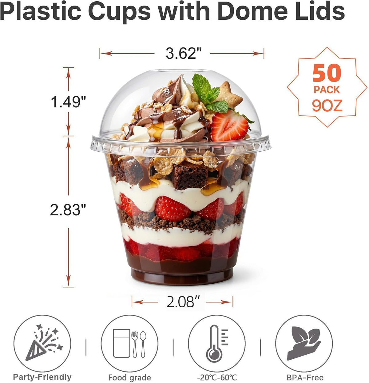 50 Pack 9 oz Clear Plastic Dessert Cups with Cross Hole Dome Lids