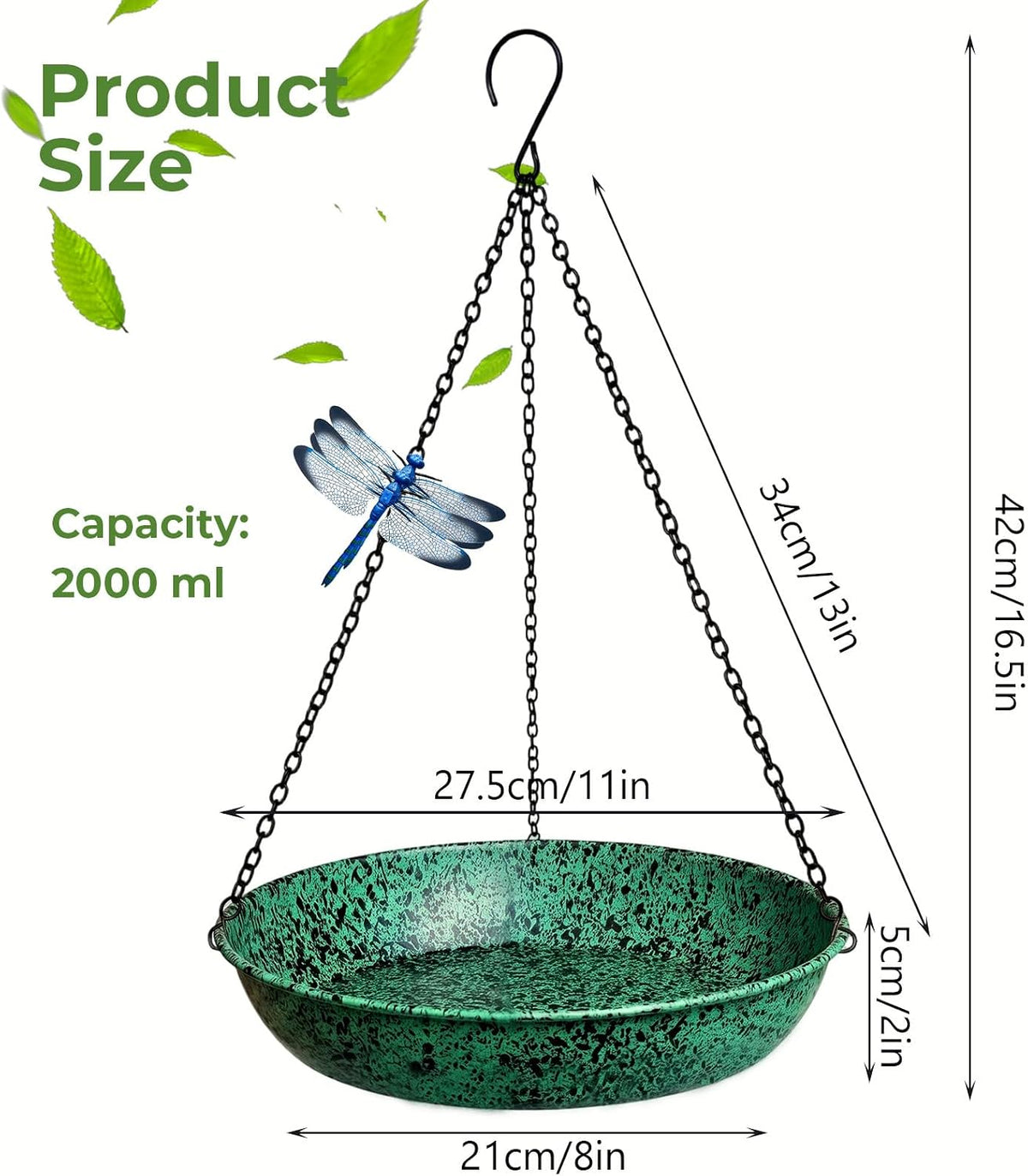 Hanging Bird Baths for Outside, 11 inch Outdoor Metal Bird Feeder for Garden Yard Decor Green