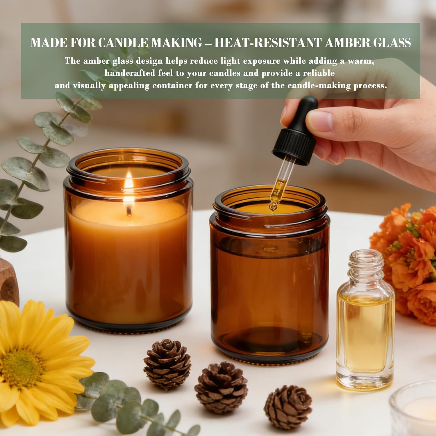 8 oz Amber Glass Candle Jars with Lids,12 Pack Airtight Candle Containers | Empty Round Food Storage Containers with