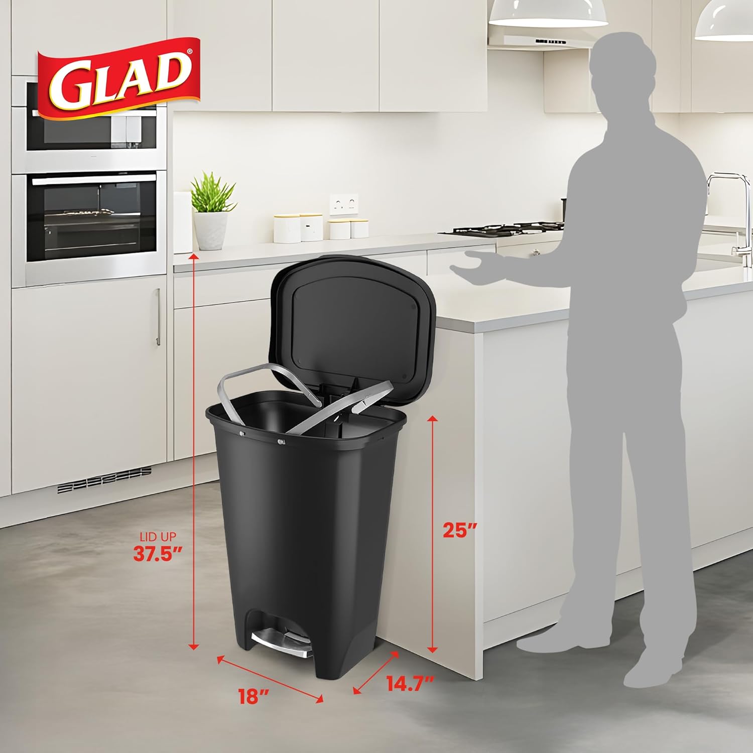 Premium Trash Can with Clorox Odor Protection, 13 Gallon, Black | Plastic Kitchen Waste Bin | Hands Free with