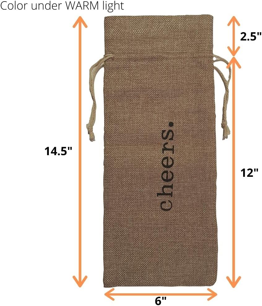Drawstring Burlap Wine Bags, 12 Jute Wine Bottle Gift Bags, Cheers Print