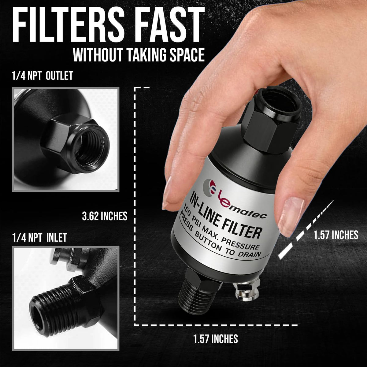 LE LEMATEC Air Compressor Water Separator, 1/4" NPT Inline Filter