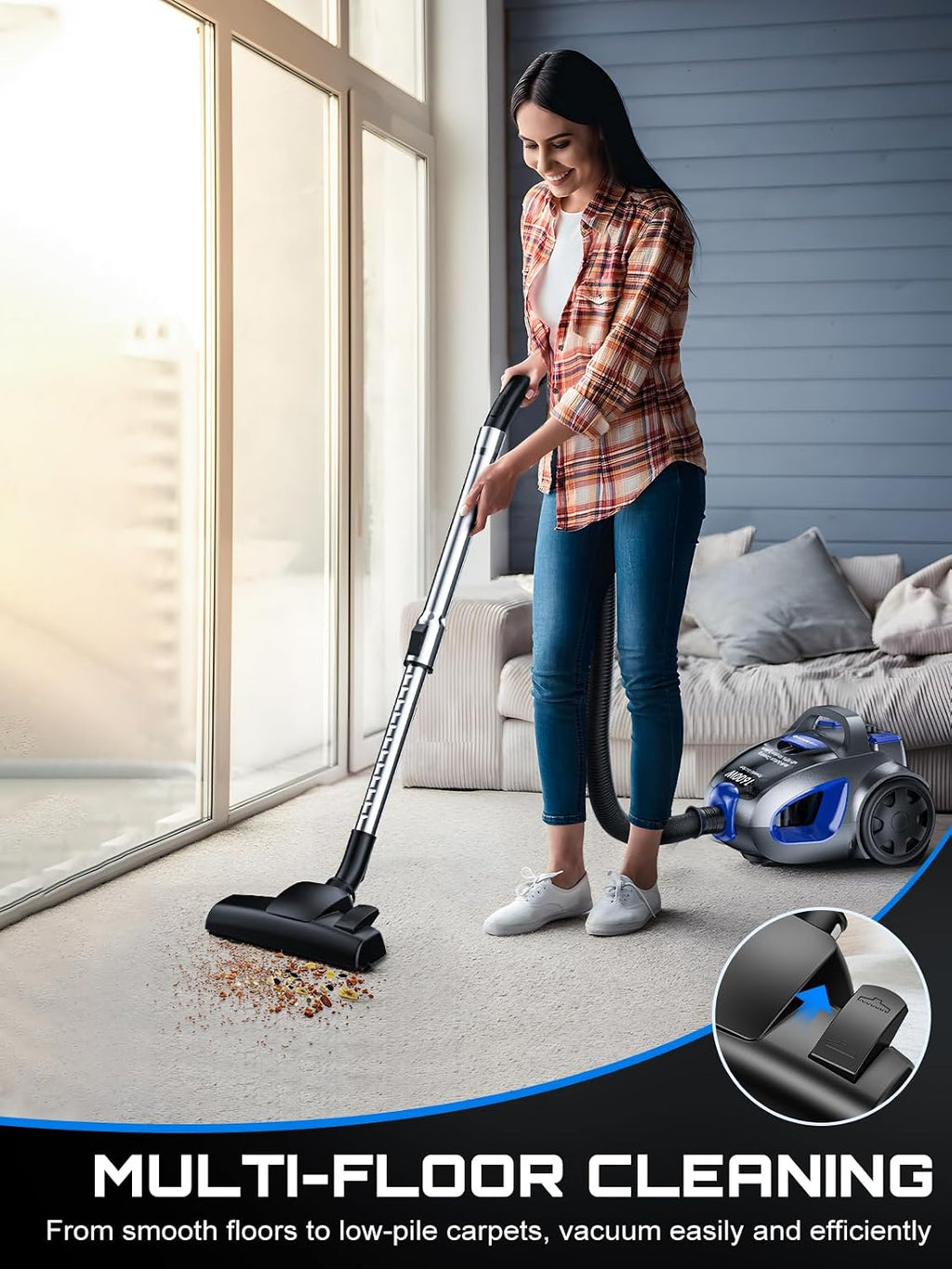 Canister Vacuum Cleaner, 32Kpa 1600W Cyclon Power Bagless Canister Vacuum Cleaners for Home, 3.7QT Large Dust Cup
