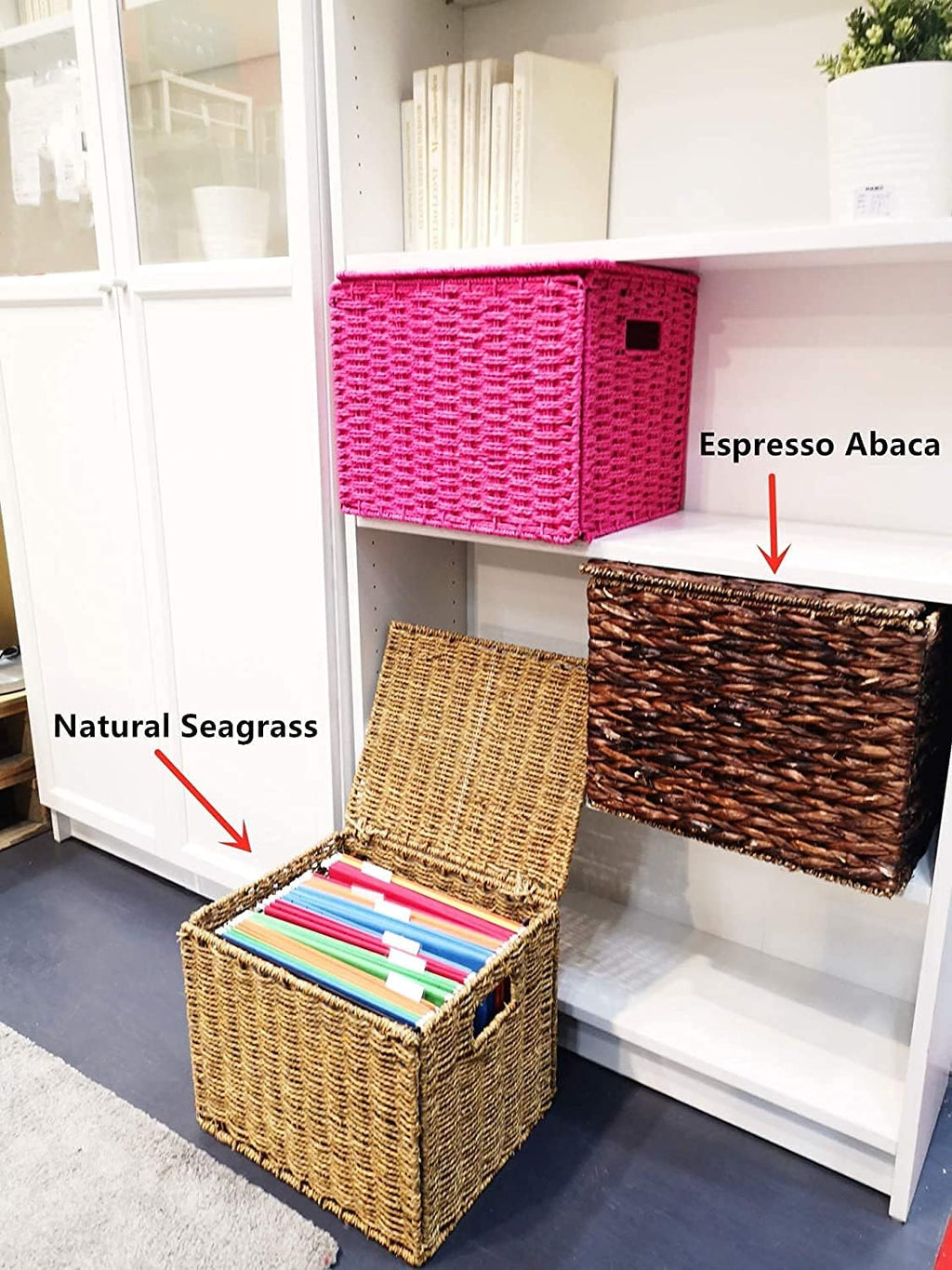 Seagrass File Filing Cabinet File Box Organizer | Collapsible Letter Size Hanging File Box Organizers with Lid |