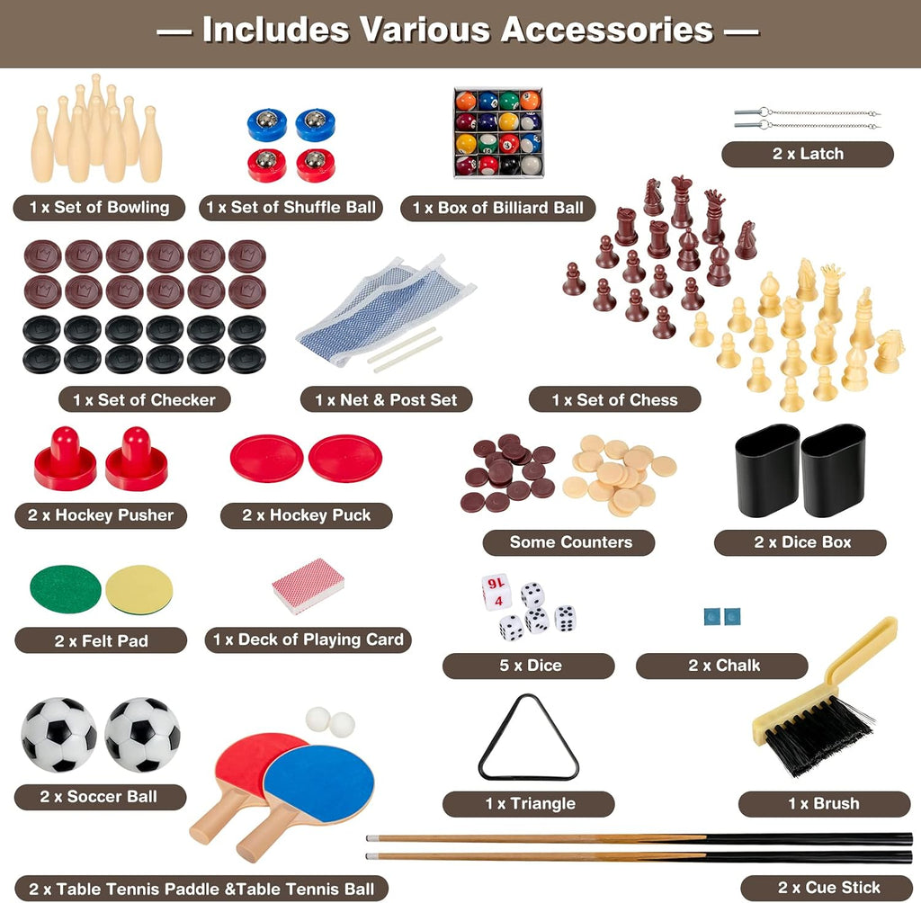 10-in-1 Multi Game Table, Combo Game Table Set w/Hockey, Foosball Pool Ping-Pong Chess Cards Checkers Bowling