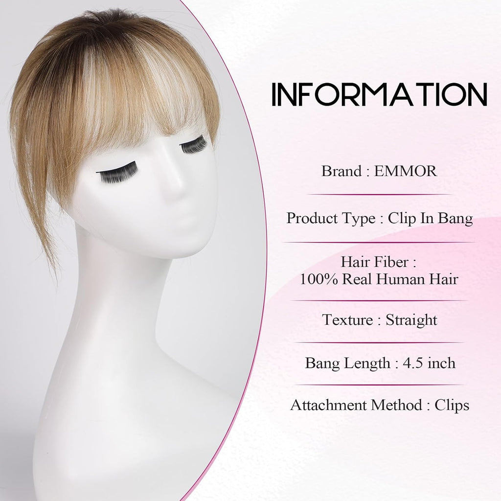 Clip in Bangs, 100% Human Hair Bangs with 3 Non-slip Clips, 360°Cover Top HairPieces with 5 inch Wispy Fringes for
