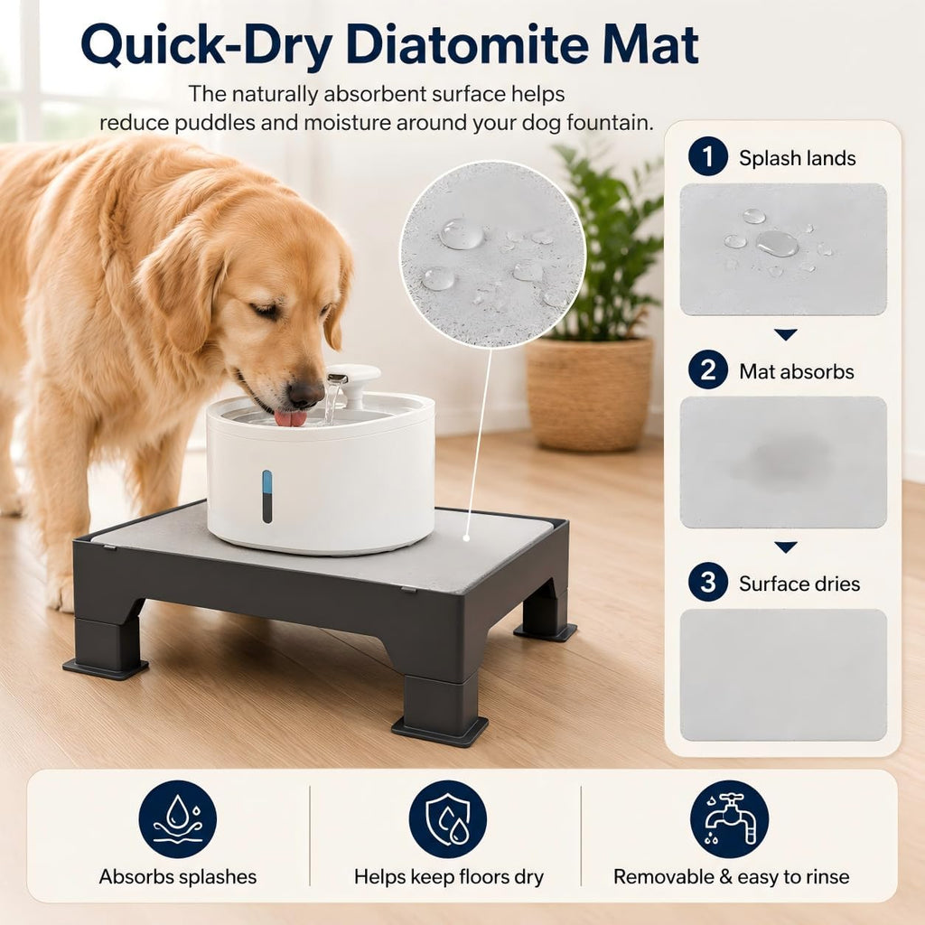 Raised Dog Fountain Stand with Absorbent Diatomite Mat, Adjustable 3.5" & 6" Dog Water Bowl Stand, Helps Keep Floors