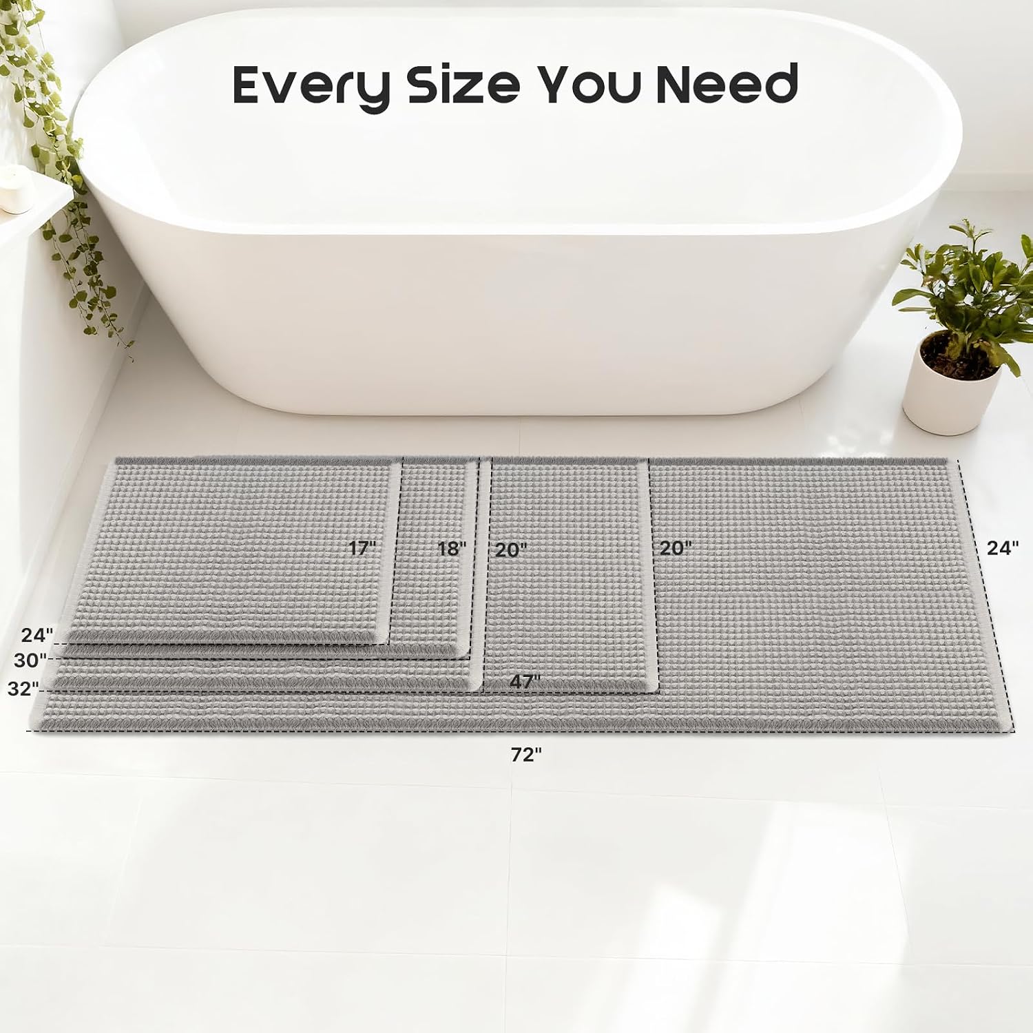 Waffle Bath Mat Super Absorbent, 18"×30" & 18"×30", Grey & White | Soft Non-Slip Boho Bath Rugs with Flat-woven Hot