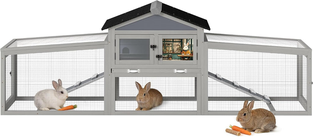 92in Rabbit Hutch, 2-Tier Bunny Cage with Asphalt Roof & 3 Run Boxe | 2-Tier Design With 2 Run Boxes, Asphalt Roof &