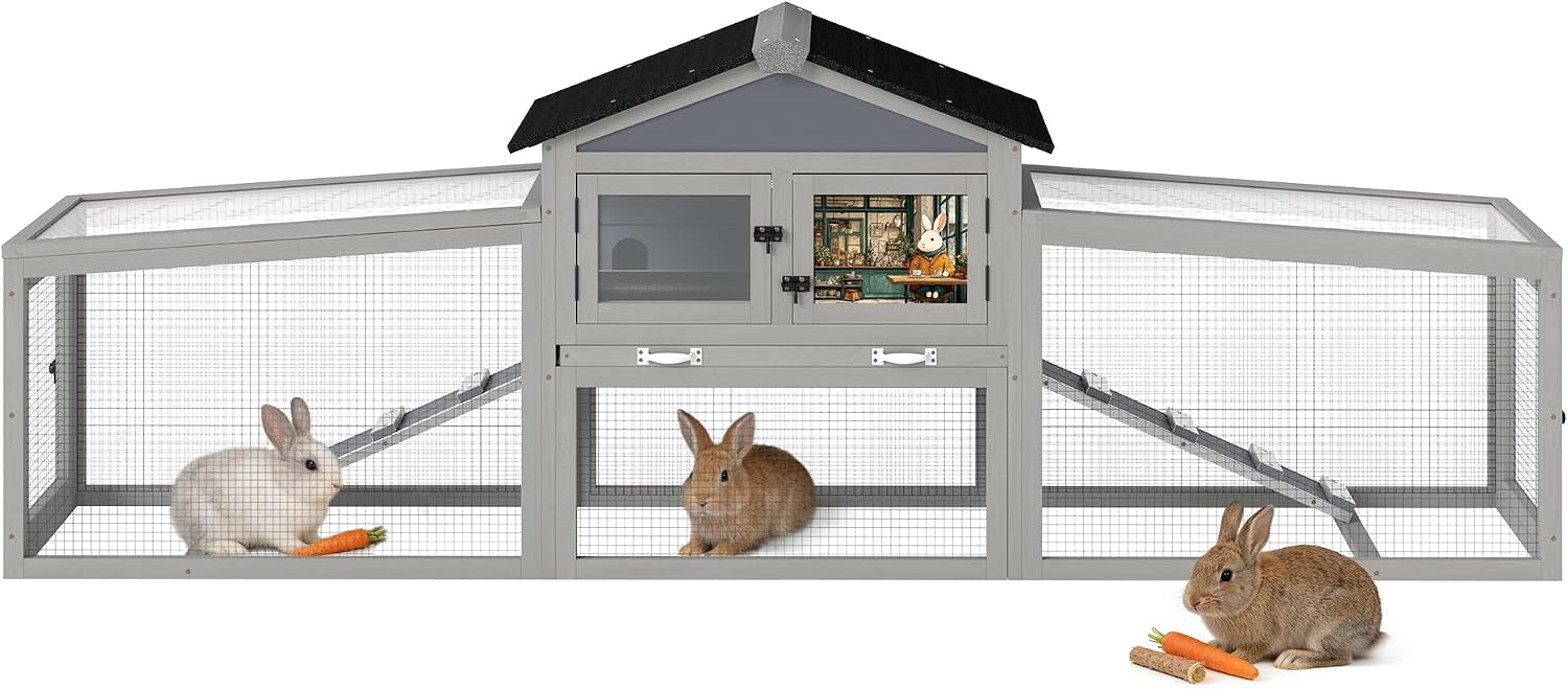 92in Rabbit Hutch, 2-Tier Bunny Cage with Asphalt Roof & 3 Run Boxe | 2-Tier Design With 2 Run Boxes, Asphalt Roof &