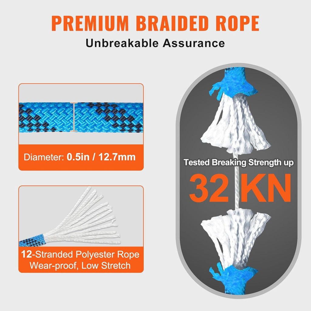 12.7mm Static Climbing Rope, 45.7M(150ft) Outdoor Rock Climbing Rope 30KN Breaking Tension, Fiber Rope for Escape