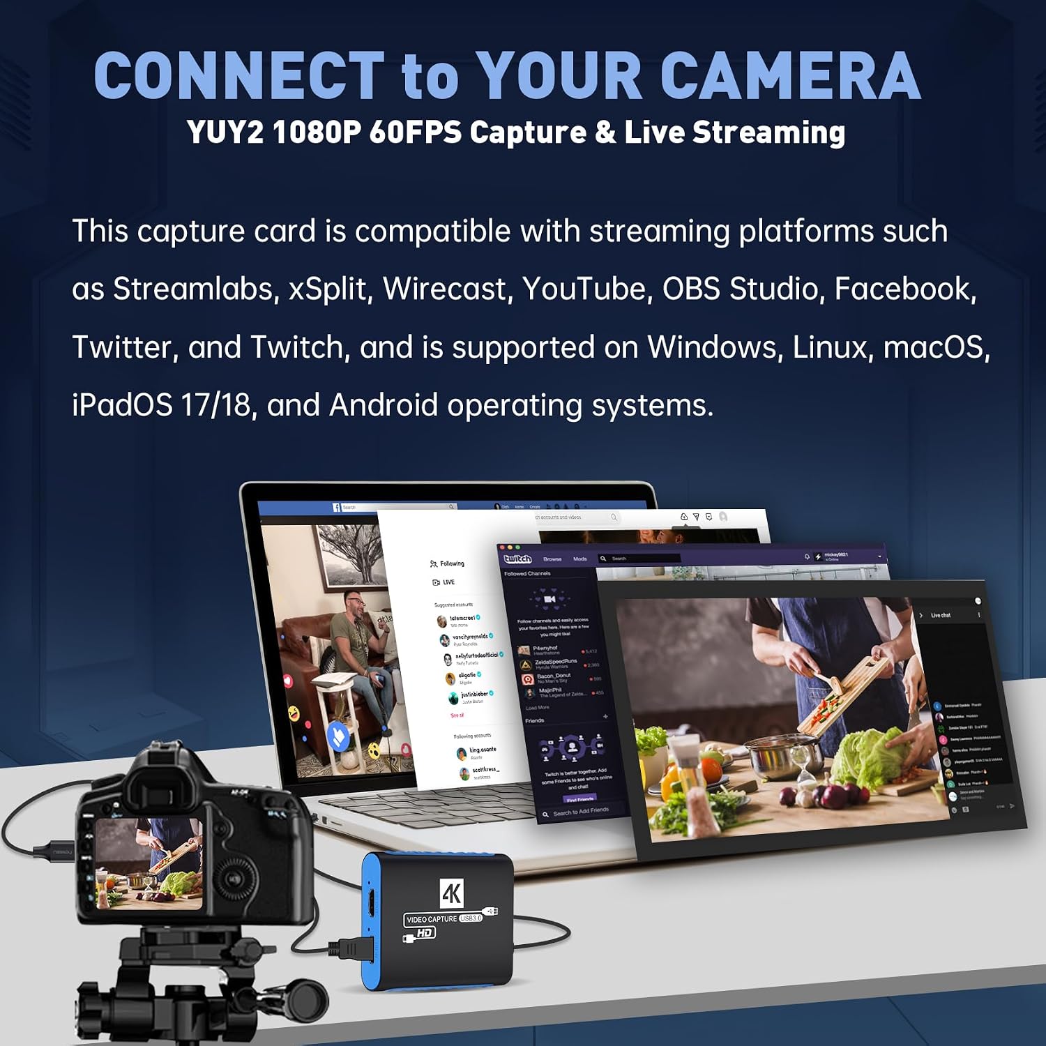 USB Capture Card for Streaming, YUY2 1080P 60FPS for Switch/PS5/Xbox/DSLR | 4K HDMI Pass-Through, 3.5mm Mic-in, Plug