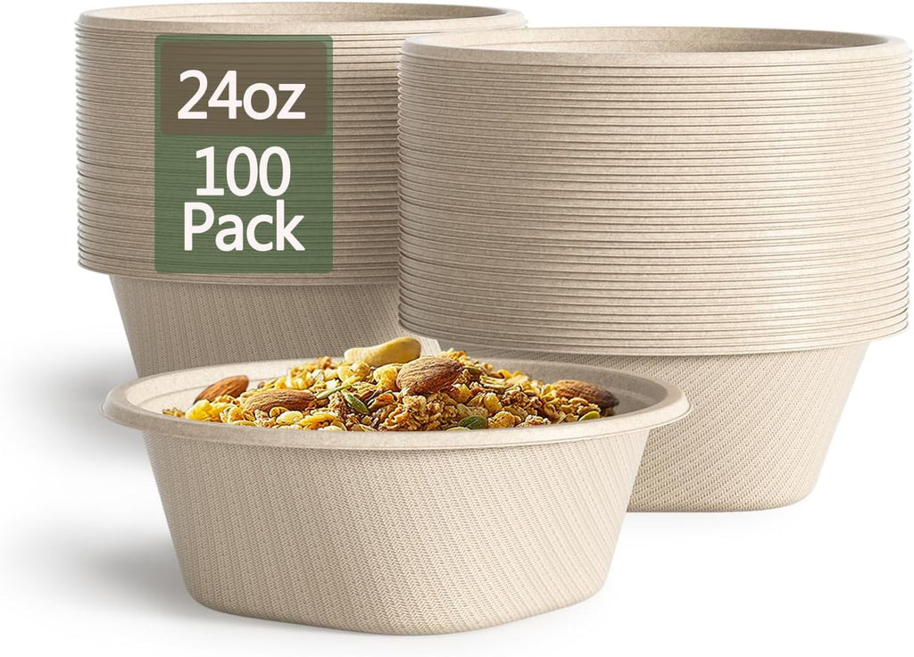 24 Oz Disposable Bowls, [100 Pack] Paper Bowls Disposable - Heavy Duty and Eco-friendly Sugarcane and Bamboo Bagasse