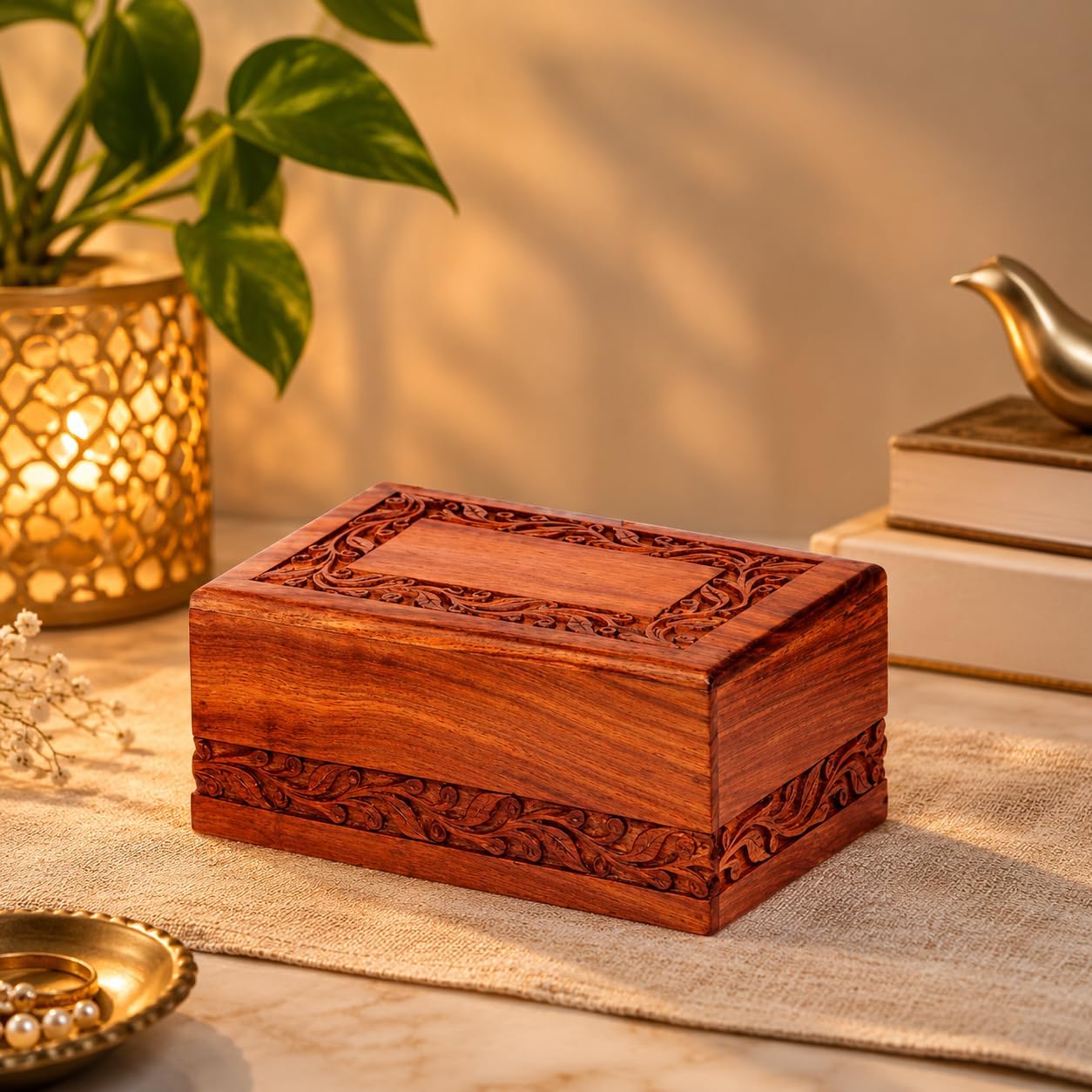 Wooden Keepsake Urn Box, Cremation Urns for Human Ashes, Handcarved Decorative Memorial, Wood Casket for Pets, Cat