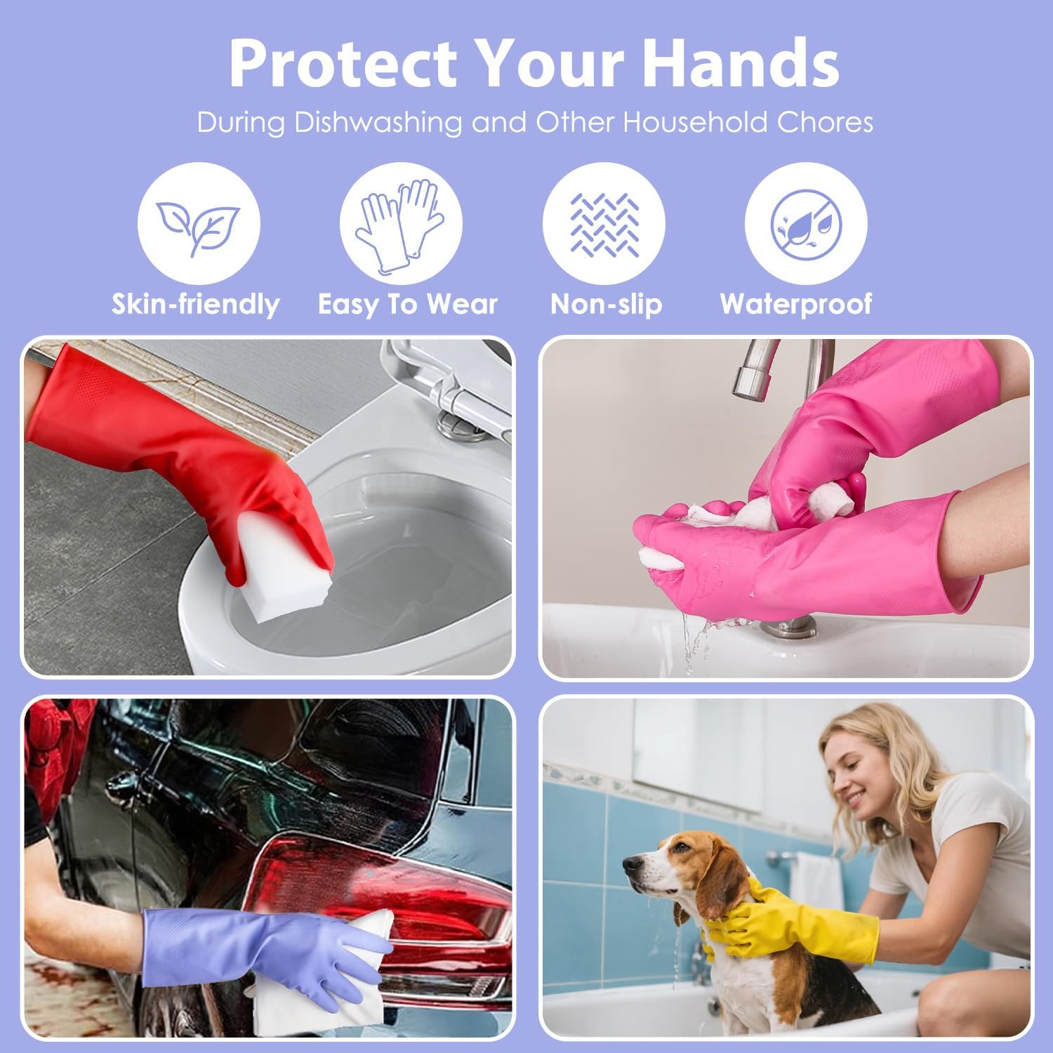 Rubber Kitchen Dishwashing Gloves - 4 Pairs Colorful Reusable Cleaning Gloves for Kitchen Washing Dishes and