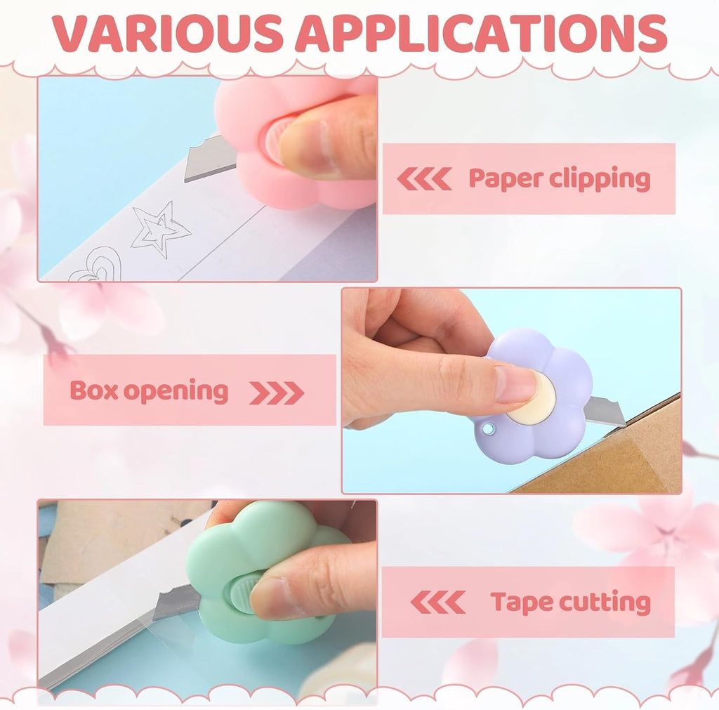 8 Pack Mini Box Cutter Retractable Flower Utility Knife, 3 Colors
