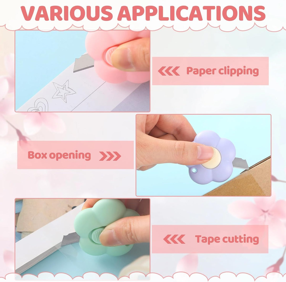 8 Pack Mini Box Cutter Retractable Flower Utility Knife, 3 Colors