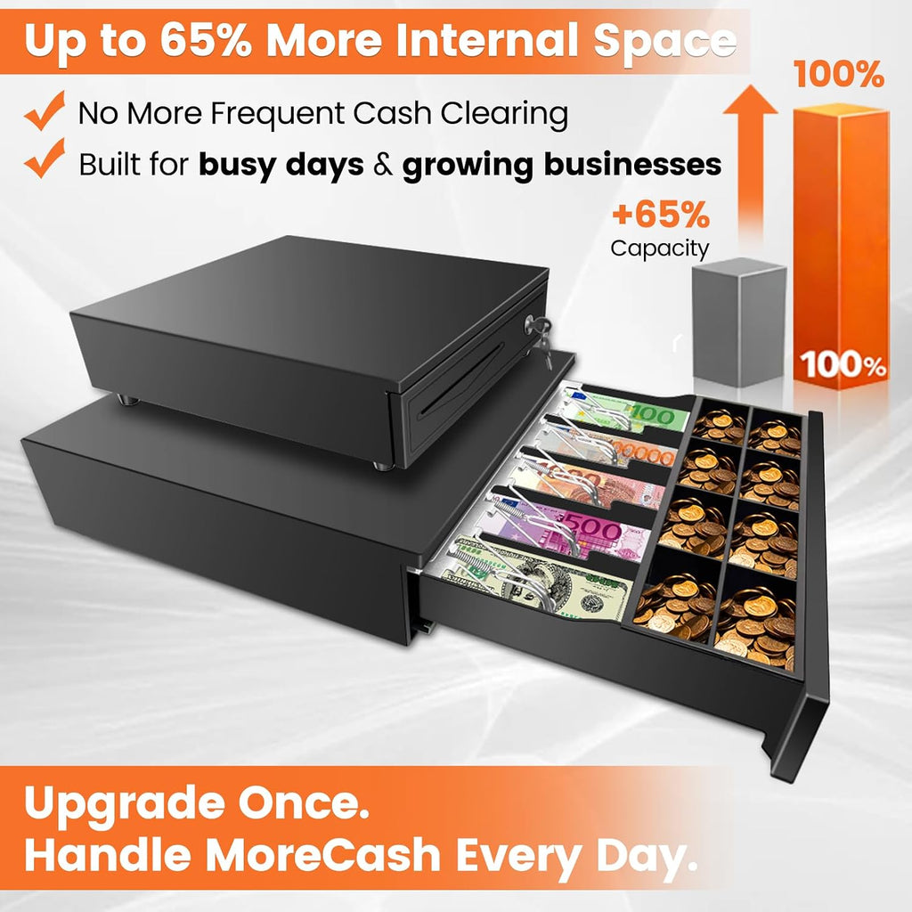 16.4" Cash Drawer with Media Slot, POS Cash Register with 5 Bill 8 Coin Slots, RJ11/RJ12 Printer-Driven, 3-Position