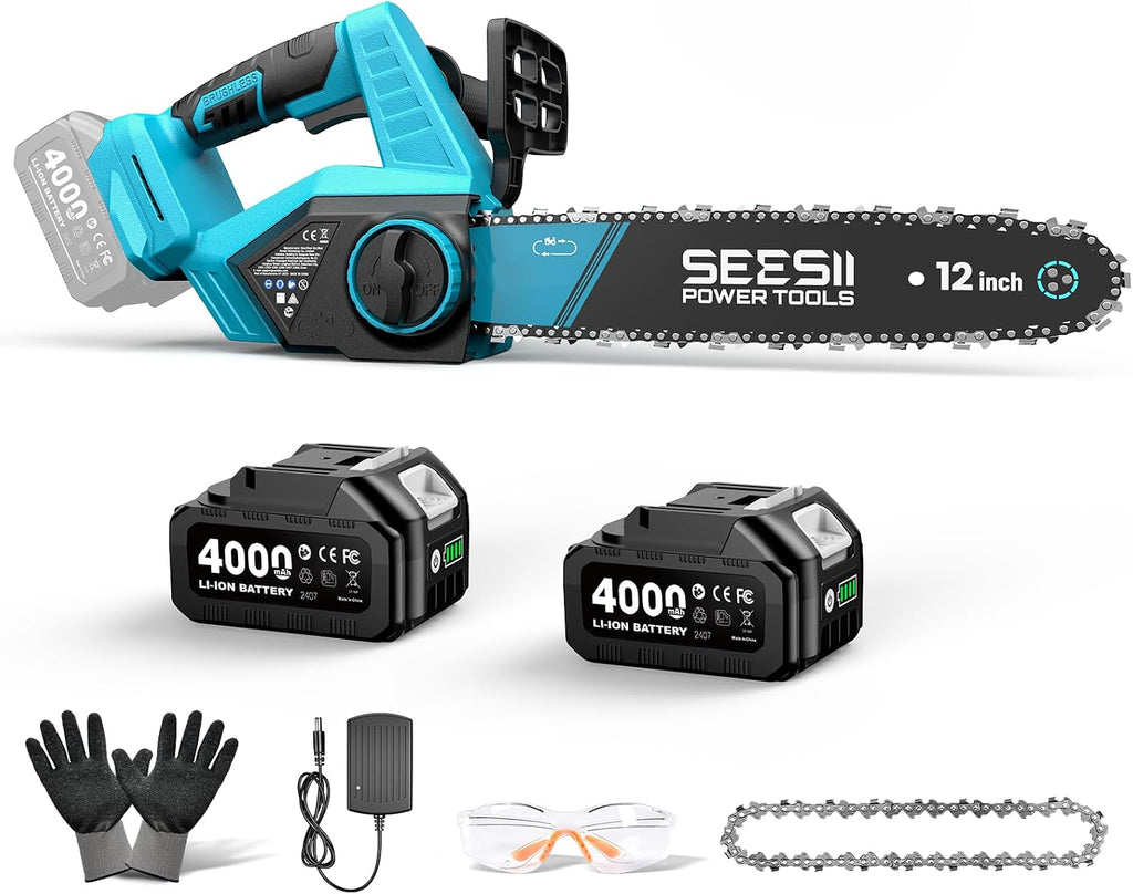 12-Inch Electric Chainsaw Cordless, Brushless Motor | 2 x 4.0Ah Battery, Auto Oiling, Tree Saw with Tool-free Chain