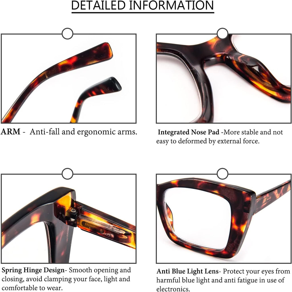 Oversized Square Reading Glasses for Women, Blue Light Blocking Large Frame Computer Readers Spring Hinge
