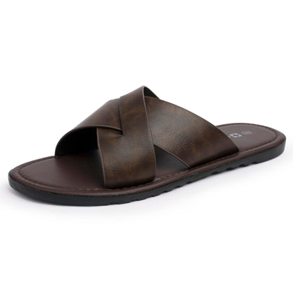 Hugo Men’s Vegan Leather Slide Sandals | Dressy & Comfortable Indoor Outdoor Shoes | Cross Strap Design for Casual &