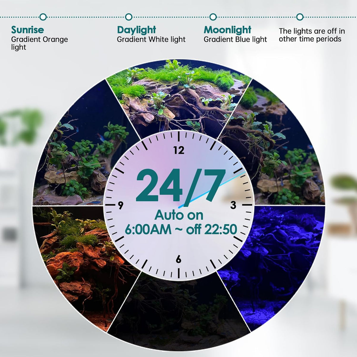 Dual-Channel Controller Submersible Aquarium LED Light, 24/7 Mode Full Spectrum Hidden Fish Tank Light with 3 Rows