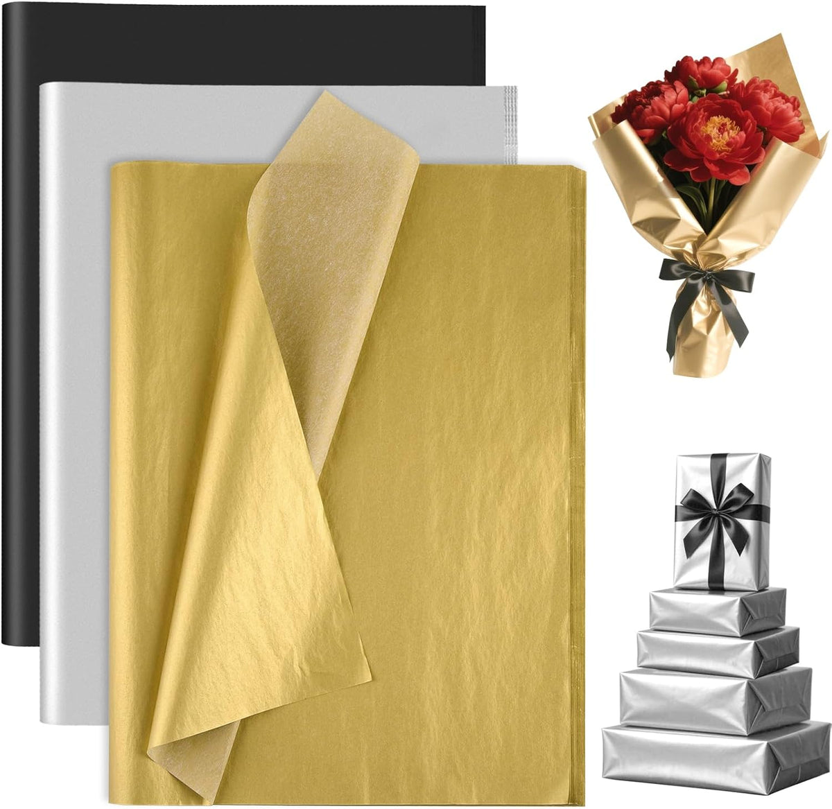 60 Sheets Gold Silver Black Tissue Paper Bulk for Gift Bags, 14 x 20