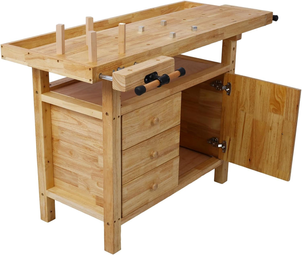 Wood Workbench with 3 Drawer & 1 Cabinet - Weight Capacity Heavy Duty Portable Wood Work Bench Table for Garage