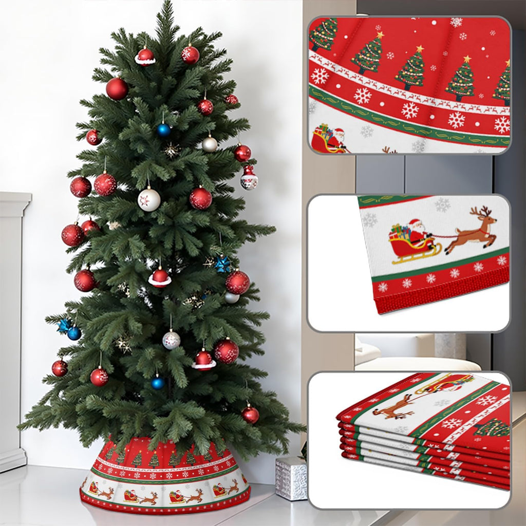 Christmas Tree Collar 25.6", Red Velvet Folable Christmas Trees Ring Skirt, Santa Claus Reindeer Snowflaks Base Stand
