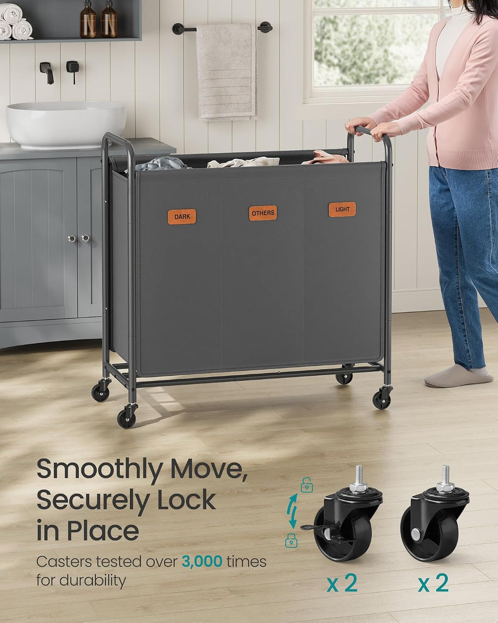 3-Section Laundry Sorter, Laundry Hamper with Wheels, Rolling Clothes Hamper Cart with Large Capacity and Removable Bags