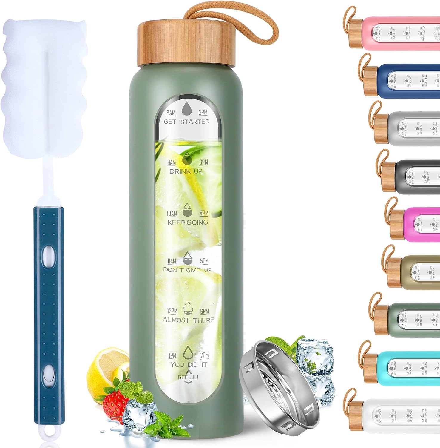 Glass Water Bottles 25 Oz with Silicone Sleeve - BPA Free Reusable Wide Mouth Glass Motivational Water Bottles with