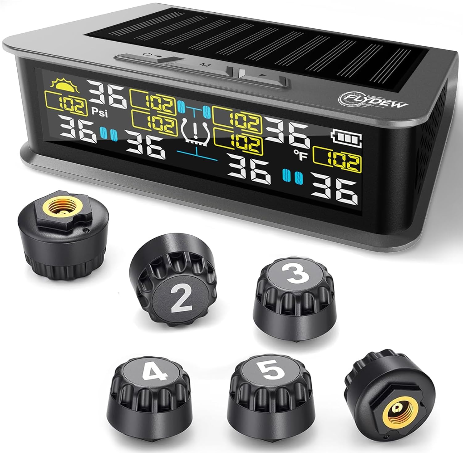 RV TPMS Tire Pressure Monitor, 6 Sensors, 0-144 PSI, Solar Display | Custom alerts, color screen, USB rechargeable