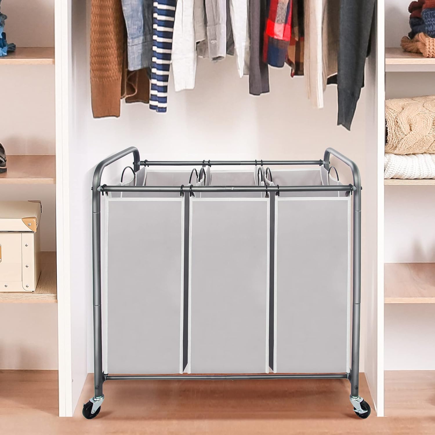 Laundry Sorter 3 Section, 3 Bag Clothes Hamper, Rolling Laundry Cart Basket with Heavy Duty Lockable Wheels and