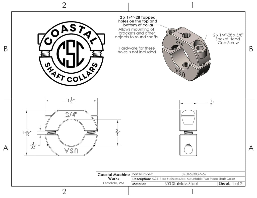 – 0.75" Bore Diameter – Mountable Clamping Two Piece Shaft Collar - 303 Stainless Steel (1 Pack)