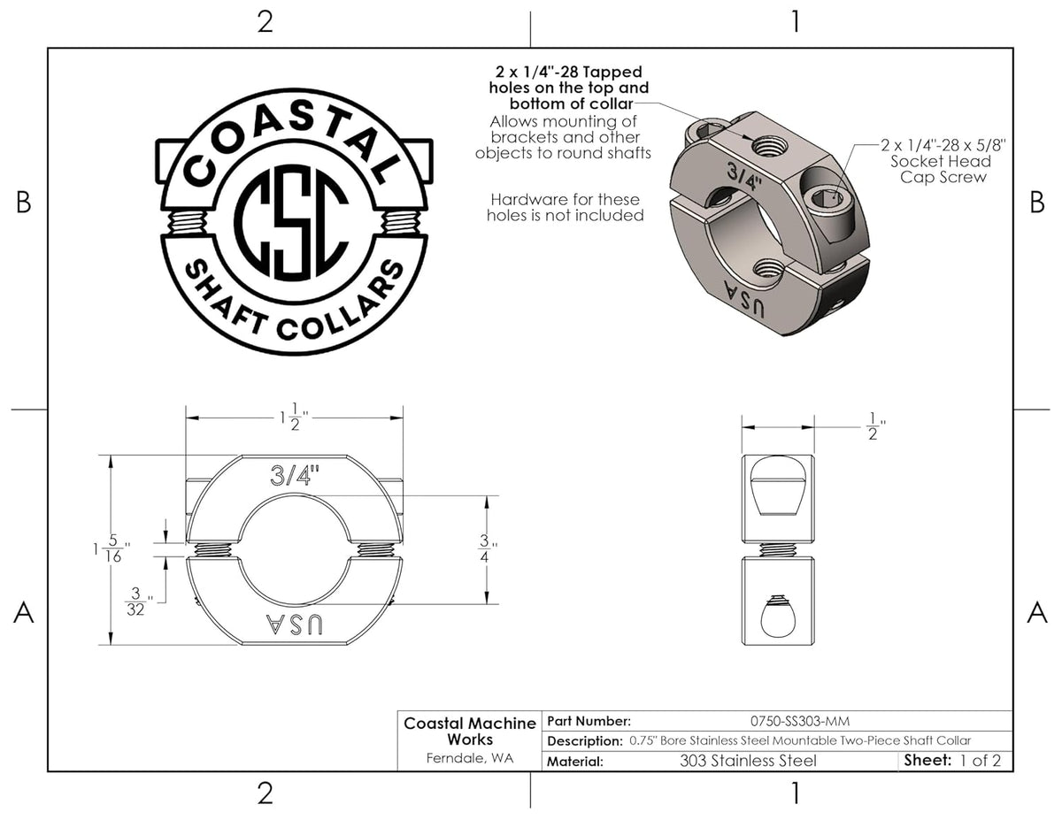 – 0.75" Bore Diameter – Mountable Clamping Two Piece Shaft Collar - 303 Stainless Steel (1 Pack)
