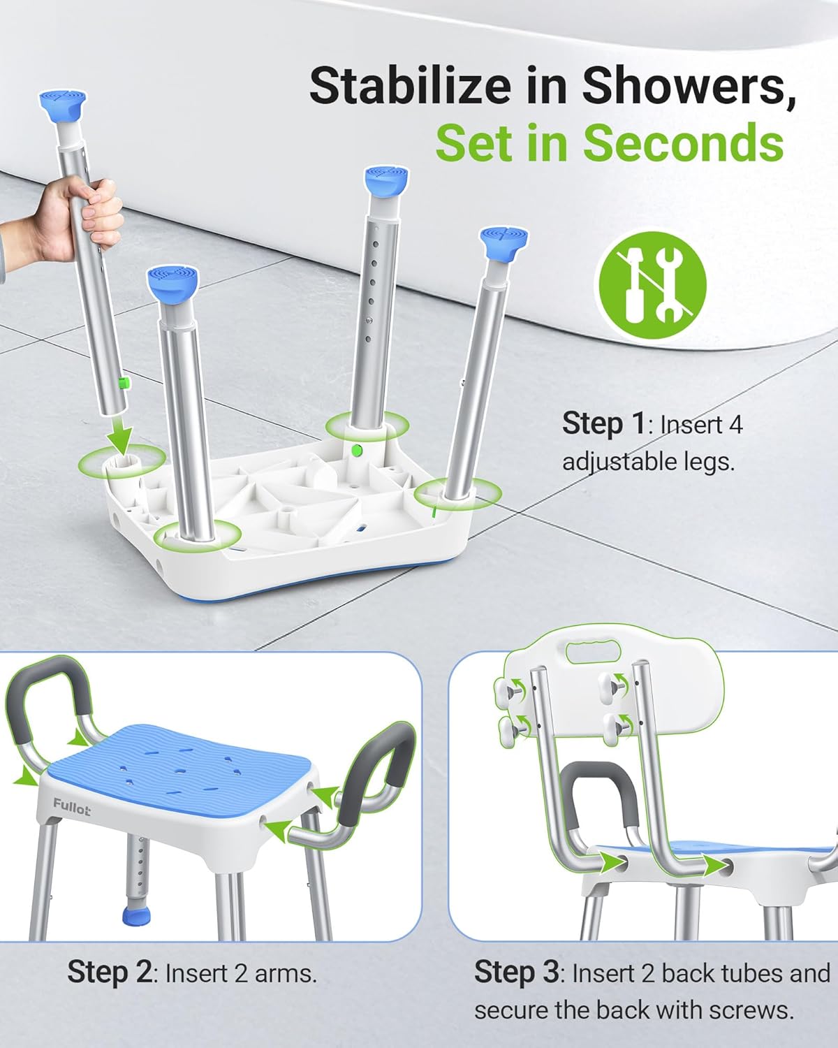Widened Shower Chair for Inside Shower with Padded Back & Arms,400 lbs Heavy Duty & Adjustable Shower Chair for
