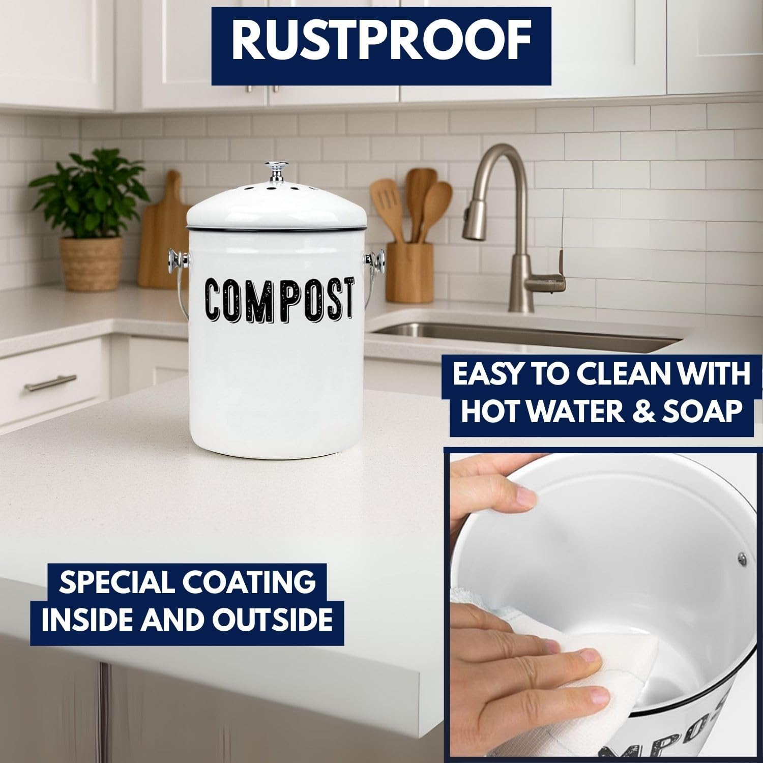 Compost Bin Kitchen Counter, 1.3 Gallon, 3 Charcoal Filters | Countertop Composter Pail with Lid, Stainless Steel