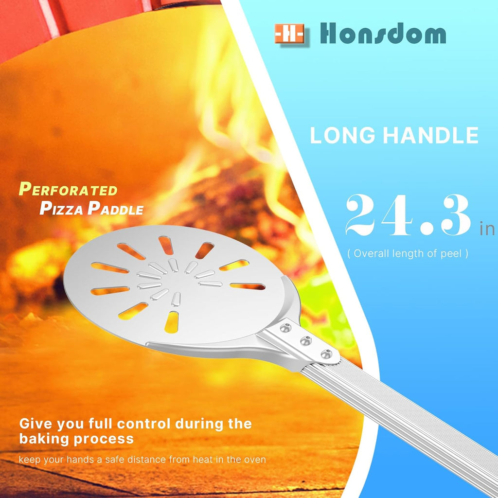 Pizza Turning Peel, 8-inch Pizza Peel Turner Spinner with Non-Slip Long Handle & Silicone Hanging Hook, Essential