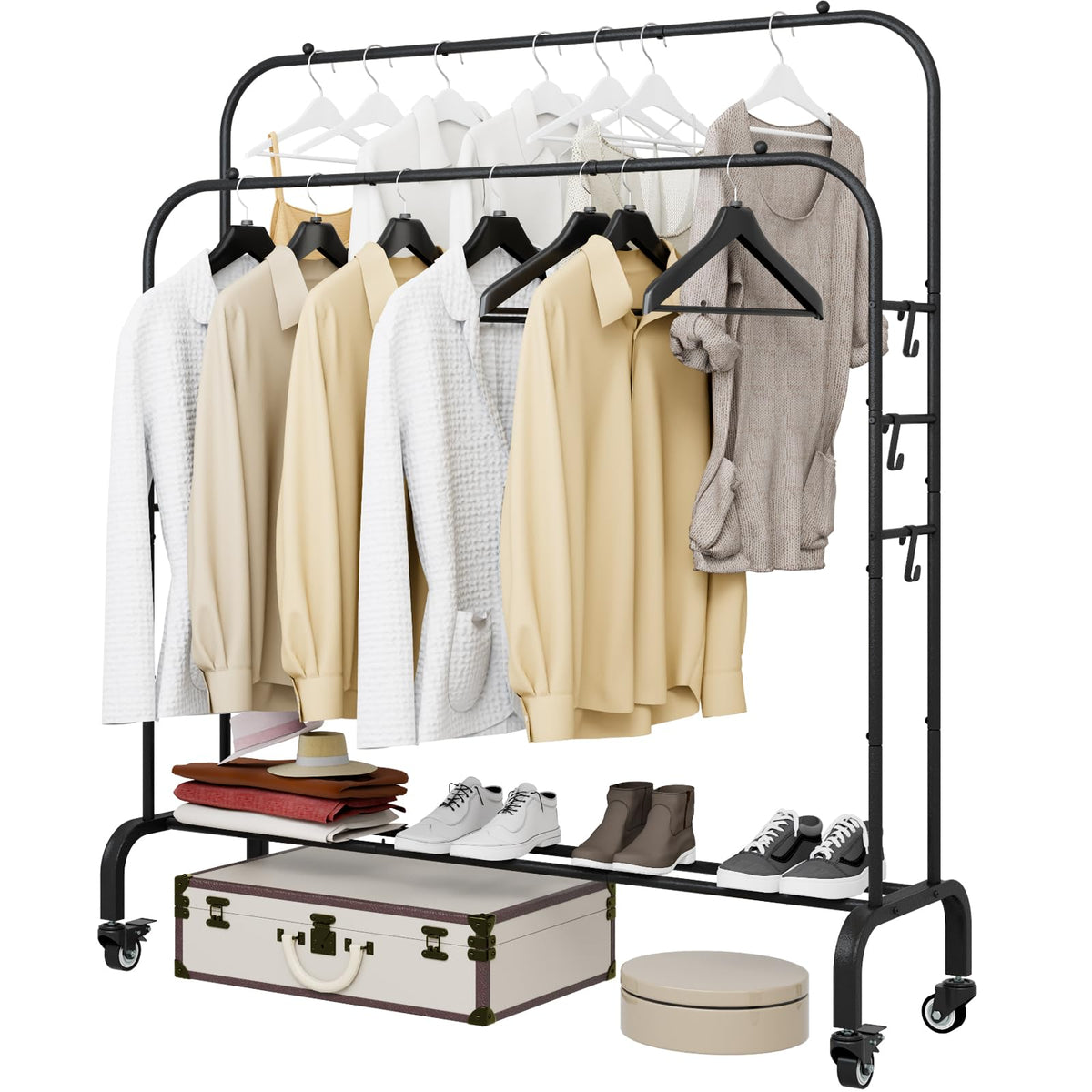 Clothes Rack with Lockable Wheels Double Rods Metal Garment Racks