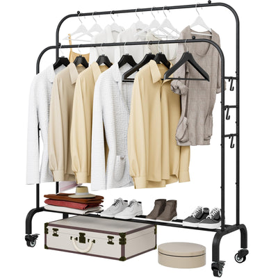Clothes Rack with Lockable Wheels Double Rods Metal Garment Racks
