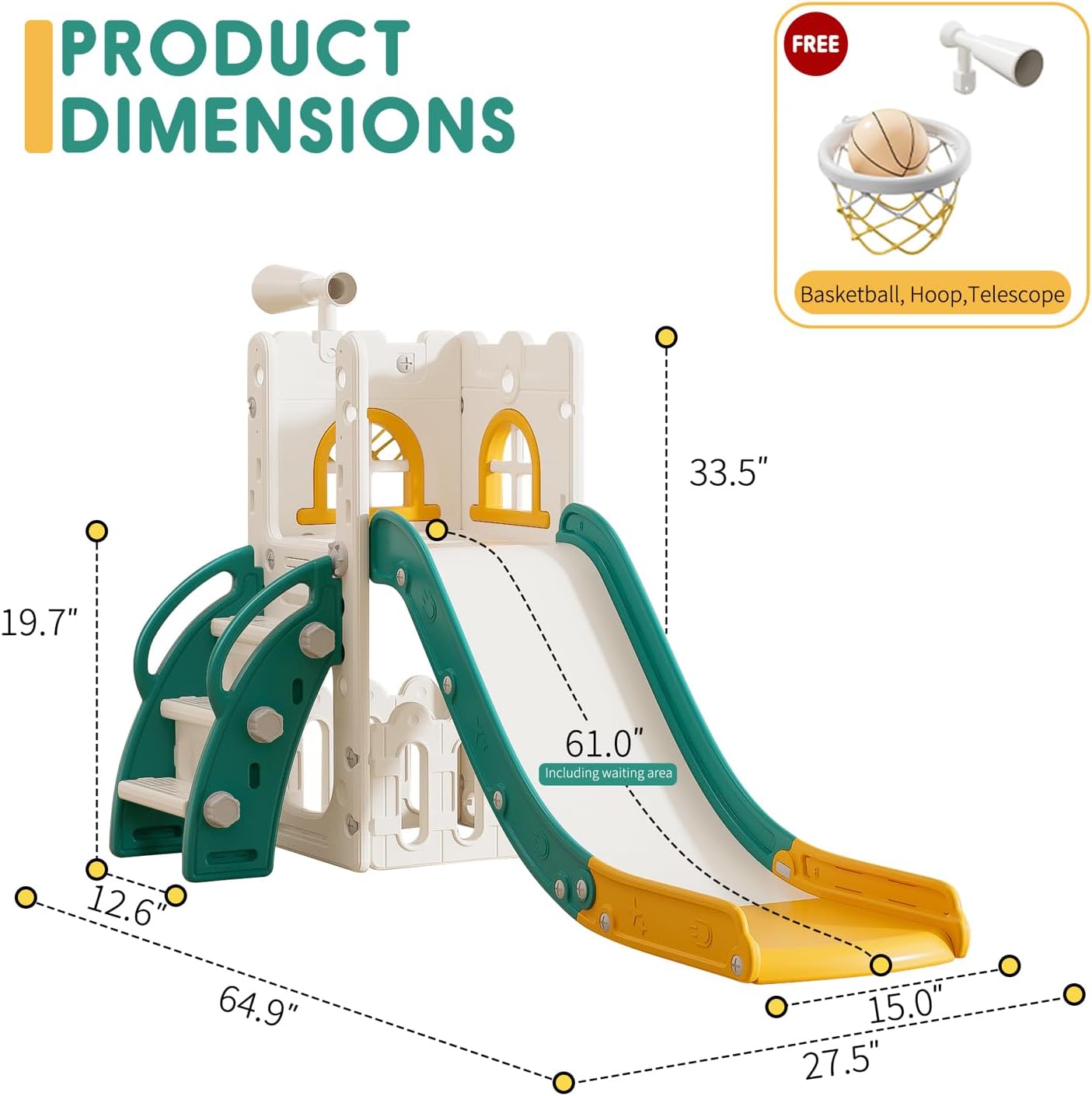 Toddler Slide for Kids with Climber Basketball Hoop, Storage Space, Telescope Kids Indoor Slide Baby Slide for