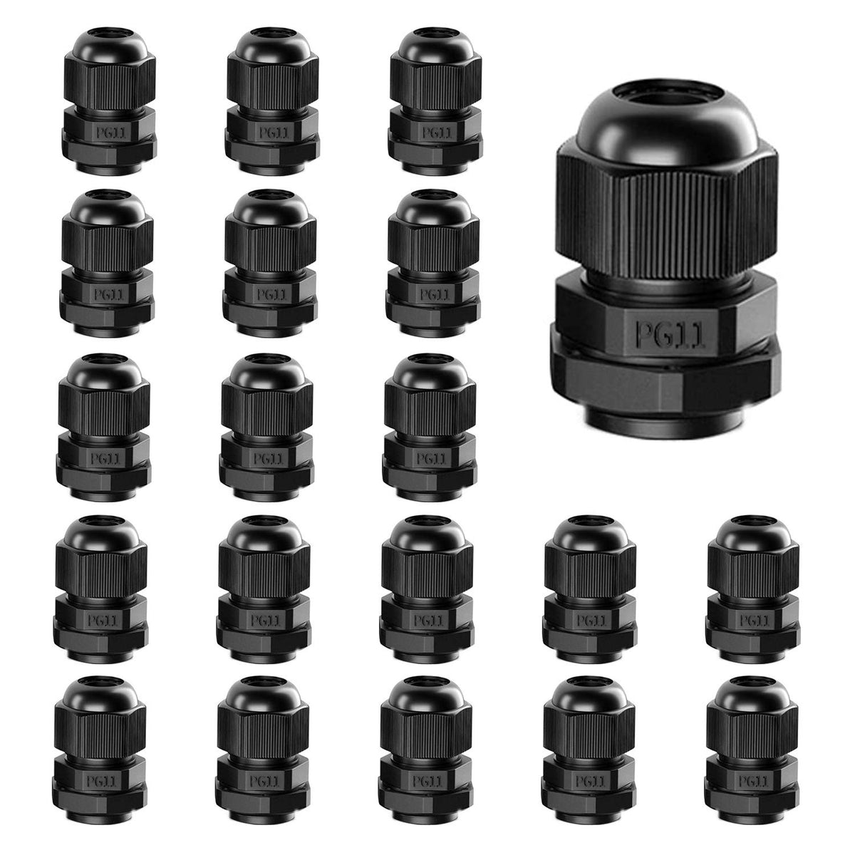 AMPELE Cable Gland 20 Pack PG11 Waterproof Adjustable 5-10mm Nylon Cable Glands with Gaskets, Black(PG11)